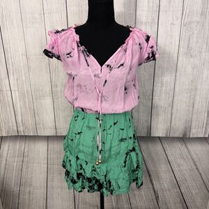 Karina Grimaldi Women's Small Pink and Green Tie-Dye Silk Ruffle Sleeve Dress
